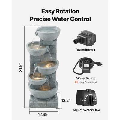 VEVOR Outdoor Water Fountain, 31.5 In Height Fountain And Waterfall, 5-Tier Floor Standing Bowl-Shaped Cascading Fountains With Light And Pump, Gray 3 VEVOR Outdoor Water Fountain, 31.5 In Height Fountain And Waterfall, 5-Tier Floor Standing Bowl-Shaped Cascading Fountains With Light And Pump, Gray - Image 3