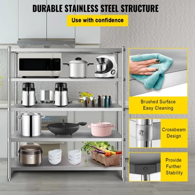 VEVOR Storage Shelf, 5-Tier Storage Shelving Unit, Stainless Steel Garage Shelf, 70.9 X 17.7 X 70.9 Inch Heavy Duty Storage Shelving, Silver 4 VEVOR Storage Shelf, 5-Tier Storage Shelving Unit, Stainless Steel Garage Shelf, 70.9 X 17.7 X 70.9 Inch Heavy Duty Storage Shelving, Silver - Image 4