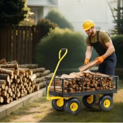 VEVOR 680 Lbs Steel Garden Cart On Wheels, Heavy Duty Garden Wagon Cart Pullable, Metal Outdoor Utility Yard Wagon Carts, Black