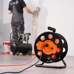 VEVOR Extension Cord Reel, 100FT, With 4 Outlets And Dust Cover, Heavy Duty 12AWG SJTOW Power Cord, Manual Cord Reel, Orange