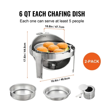 VEVOR Roll Top Chafing Dish Buffet Set, 6 Qt 2 Pack, Stainless Steel Chafer With 2 Full Size Pans, Round Catering Warmer Server 2 VEVOR Roll Top Chafing Dish Buffet Set, 6 Qt 2 Pack, Stainless Steel Chafer With 2 Full Size Pans, Round Catering Warmer Server - Image 2