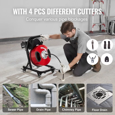 VEVOR Drain Cleaner Machine 50FT X 1/2 Inch, Manual Feed Sewer Snake Auger - With Wheels, 4 Cutters & Air-activated Foot Switch, Red 5 VEVOR Drain Cleaner Machine 50FT X 1/2 Inch, Manual Feed Sewer Snake Auger - With Wheels, 4 Cutters & Air-activated Foot Switch, Red - Image 5