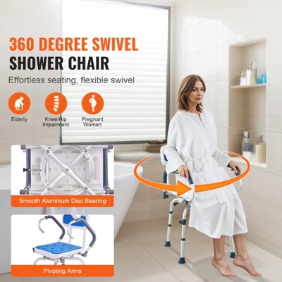 VEVOR Swivel Shower Chair 360 Degree, Adjustable Shower Seat With Pivoting Arms, Non-Slip Rotating Bathtub Shower Chair, 400LBS Capacity, White+Blue 2 VEVOR Swivel Shower Chair 360 Degree, Adjustable Shower Seat With Pivoting Arms, Non-Slip Rotating Bathtub Shower Chair, 400LBS Capacity, White+Blue - Image 2