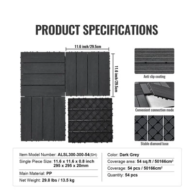 VEVOR Interlocking Deck Tiles, 54 Pack,12"x12" 54 Sq. Ft Plastic Waterproof Outdoor Flooring All Weather Use, Patio Floor Decking Covering Tiles 7 VEVOR Interlocking Deck Tiles, 54 Pack,12"x12" 54 Sq. Ft Plastic Waterproof Outdoor Flooring All Weather Use, Patio Floor Decking Covering Tiles - Image 7