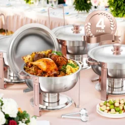 VEVOR Chafing Dish Buffet Set, 5 Qt 4 Pack, Stainless Steel Chafer With 4 Full Size Pans, Round Catering Warmer Server With Lid Water Pan,Rose Gold