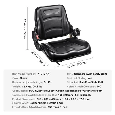 VEVOR Universal Forklift Seat, Fold Down Tractor Seat With Adjustable Angle Back, Micro Switch And Retractable Seatbelt, 6.3-13.4 Inch Slot, Black 7 VEVOR Universal Forklift Seat, Fold Down Tractor Seat With Adjustable Angle Back, Micro Switch And Retractable Seatbelt, 6.3-13.4 Inch Slot, Black - Image 7