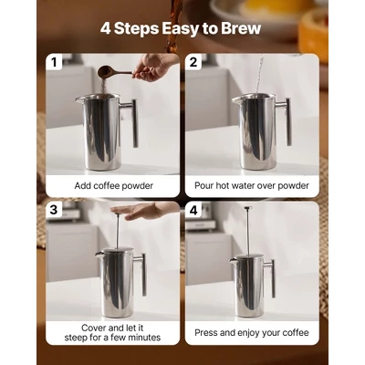 VEVOR French Press Coffee Maker, 51 Ounce 1.5 Liter Stainless Steel Coffee Press Tea Maker With Filter, Silver 4 VEVOR French Press Coffee Maker, 51 Ounce 1.5 Liter Stainless Steel Coffee Press Tea Maker With Filter, Silver - Image 4