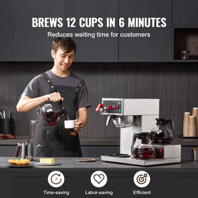 VEVOR 12 Cups Commercial Drip Coffee Maker, Coffee Maker Machine With 3 Glass Carafes And 3 Warmer Plates, Stainless Steel Pour Over Coffee Brewer 2 VEVOR 12 Cups Commercial Drip Coffee Maker, Coffee Maker Machine With 3 Glass Carafes And 3 Warmer Plates, Stainless Steel Pour Over Coffee Brewer - Image 2