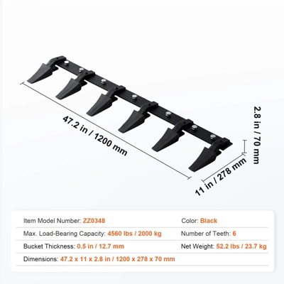VEVOR Bucket Tooth Bar, 48'', Heavy Duty Tractor Bucket 6 Teeth Bar For Loader Tractor Skidsteer, 4560 Lbs Load-Bearing Capacity, Black 7 VEVOR Bucket Tooth Bar, 48'', Heavy Duty Tractor Bucket 6 Teeth Bar For Loader Tractor Skidsteer, 4560 Lbs Load-Bearing Capacity, Black - Image 7