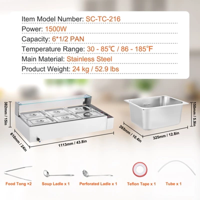 VEVOR 6-Pan Commercial Food Warmer, 6 X 8QT Electric Steam Table With Glass Cover, 1500W Countertop Stainless Steel Buffet Bain Marie 86-185°F 7 VEVOR 6-Pan Commercial Food Warmer, 6 X 8QT Electric Steam Table With Glass Cover, 1500W Countertop Stainless Steel Buffet Bain Marie 86-185°F - Image 7