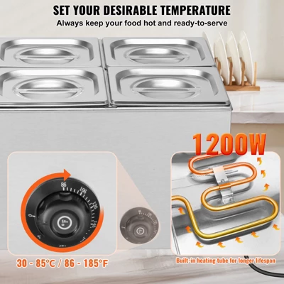 VEVOR 24QT Commercial Food Warmer, 5-Pan Electric Steam Table, 1200W Professional Countertop Stainless Steel Buffet Bain Marie With 86-185°F Temp 3 VEVOR 24QT Commercial Food Warmer, 5-Pan Electric Steam Table, 1200W Professional Countertop Stainless Steel Buffet Bain Marie With 86-185°F Temp - Image 3