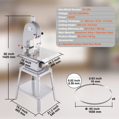 VEVOR Electric Meat Bandsaw, 1500W Stainless Steel Vertical Bone Sawing Machine, Workbeach 19.3" X 15", 0.16-7.9 Inch Cutting Thickness, Silver 7 VEVOR Electric Meat Bandsaw, 1500W Stainless Steel Vertical Bone Sawing Machine, Workbeach 19.3" X 15", 0.16-7.9 Inch Cutting Thickness, Silver - Image 7