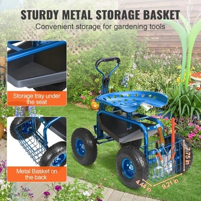 VEVOR Garden Cart Rolling Workseat With Wheels, 360 Degree Swivel Seat, Wagon Scooter With Steering Handle & Utility Tool Tray, Use, Blue 5 VEVOR Garden Cart Rolling Workseat With Wheels, 360 Degree Swivel Seat, Wagon Scooter With Steering Handle & Utility Tool Tray, Use, Blue - Image 5