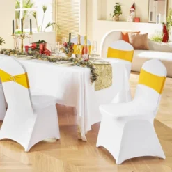 VEVOR Stretch Spandex Folding Chair Covers, Universal Fitted Chair Cover With Chair Sashes, Removable Washable Protective Slipcovers, Gold & White