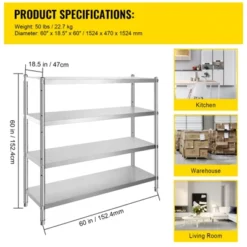 VEVOR Stainless Steel Shelving 60x18.5 Inch 4 Tier Adjustable Shelf Storage Unit Stainless Steel Heavy Duty Shelving, Silver -Aesthtic Interiors GUEST 7c61387b 6159 4eeb a18b 7e0f686df6c2