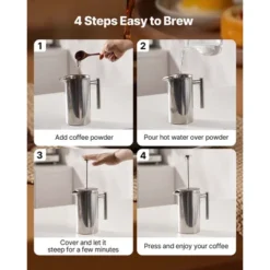 VEVOR French Press Coffee Maker, 34 Ounce 1 Liter Stainless Steel Coffee Press Tea Maker With Filter, Silver -Aesthtic Interiors GUEST 7d9d02c4 f1f5 4837 bcd0 2405f7c24d35