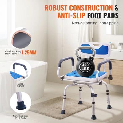 VEVOR Swivel Shower Chair 360 Degree, Adjustable Shower Seat With Pivoting Arms, Non-Slip Rotating Bathtub Shower Chair, 400LBS Capacity, White+Blue 4 VEVOR Swivel Shower Chair 360 Degree, Adjustable Shower Seat With Pivoting Arms, Non-Slip Rotating Bathtub Shower Chair, 400LBS Capacity, White+Blue - Image 4