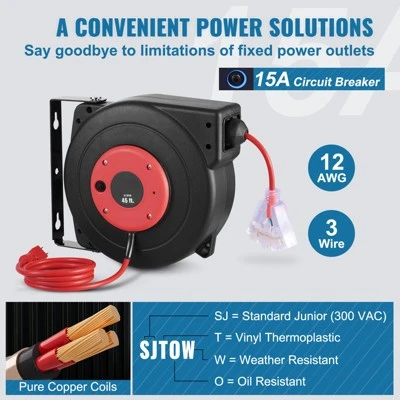 VEVOR Retractable Extension Cord Reel, 45 FT, Heavy Duty 12AWG/3C SJTOW Retractable Power Cord With Lighted Triple Tap Outlet, Black 4 VEVOR Retractable Extension Cord Reel, 45 FT, Heavy Duty 12AWG/3C SJTOW Retractable Power Cord With Lighted Triple Tap Outlet, Black - Image 4