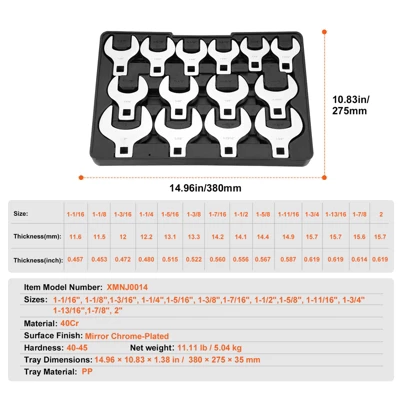 VEVOR Crowfoot Wrench Set, 1/2" Drive 14-Piece SAE (1-1/16" - 2") Crows Foot Wrench Set With Storage Tray, 40CR Material With Laser Etched Sizing 7 VEVOR Crowfoot Wrench Set, 1/2" Drive 14-Piece SAE (1-1/16" - 2") Crows Foot Wrench Set With Storage Tray, 40CR Material With Laser Etched Sizing - Image 7