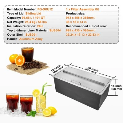 VEVOR Drop In Ice Chest, 36"L X 18"W X 14"H Stainless Steel Ice Cooler, Commercial Ice Bin With Sliding Cover, 40.9 Qt Outdoor Kitchen Ice Bar 7 VEVOR Drop In Ice Chest, 36"L X 18"W X 14"H Stainless Steel Ice Cooler, Commercial Ice Bin With Sliding Cover, 40.9 Qt Outdoor Kitchen Ice Bar - Image 7