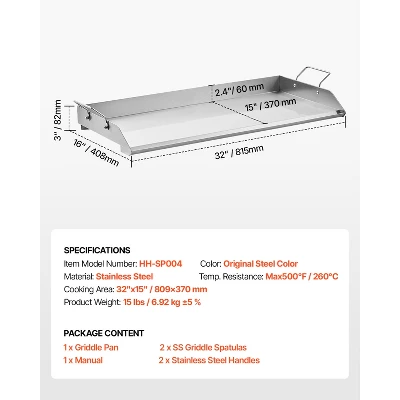 VEVOR Stainless Steel Griddle, 32x16 Inch Universal Flat Top Rectangular Plate, Gas Grill Griddle For BBQ Grill, Teppanyaki, Silver 7 VEVOR Stainless Steel Griddle, 32x16 Inch Universal Flat Top Rectangular Plate, Gas Grill Griddle For BBQ Grill, Teppanyaki, Silver - Image 7