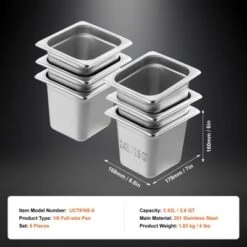VEVOR 6 Pack Hotel Pans, 1/6 Size Anti-Jam Steam Pan, 0.8mm Thick Stainless Steel Restaurant Steam Table Pan, 6-Inch Deep Commercial Table Pan -Aesthtic Interiors GUEST 80f8af0e ed27 44bf 8d7a 20bd4e77e7bc