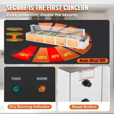 VEVOR 5-Pan Commercial Food Warmer, 5 X 8QT Electric Steam Table With Glass Cover, 1700W Countertop Stainless Steel Buffet Bain Marie 4 VEVOR 5-Pan Commercial Food Warmer, 5 X 8QT Electric Steam Table With Glass Cover, 1700W Countertop Stainless Steel Buffet Bain Marie - Image 4
