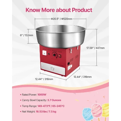 VEVOR Electric Cotton Candy Machine, 1000W Commercial Candy Floss Maker With 20.5 In Stainless Steel Bowl, Sugar Scoop, And Drawer, Red 7 VEVOR Electric Cotton Candy Machine, 1000W Commercial Candy Floss Maker With 20.5 In Stainless Steel Bowl, Sugar Scoop, And Drawer, Red - Image 7