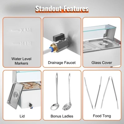 VEVOR 5-Pan Commercial Food Warmer, 5 X 8QT Electric Steam Table With Glass Cover, 1700W Countertop Stainless Steel Buffet Bain Marie 6 VEVOR 5-Pan Commercial Food Warmer, 5 X 8QT Electric Steam Table With Glass Cover, 1700W Countertop Stainless Steel Buffet Bain Marie - Image 6