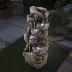 VEVOR Outdoor Water Fountain, 38.98 In Height Fountain And Waterfall,7-Tier Floor Standing Rock-Shaped Cascading Fountains With Light And Pump,Brown