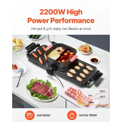 VEVOR Hot Pot with Grill, 2300W 2-in-1 Electric Smokeless Grill and Hot Pot, Removable Shabu-shabu Hotpot with Non-stick Pan, Black 2 VEVOR Hot Pot with Grill, 2300W 2-in-1 Electric Smokeless Grill and Hot Pot, Removable Shabu-shabu Hotpot with Non-stick Pan, Black - Image 2