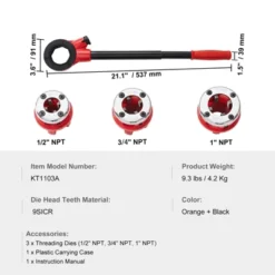 VEVOR Ratchet Pipe Threader Kit, 1/2" NPT, 3/4" NPT, 1" NPT Manual Ratcheting Pipe Threader, Portable Pipe Threading Tool Set, Red -Aesthtic Interiors GUEST 84657db2 8e81 4c88 942a d482535779d7