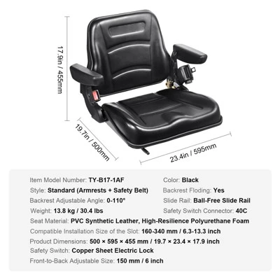 VEVOR Universal Forklift Seat, Fold Down Tractor Seat With Adjustable Angle Back, Micro Switch, Seatbelt And Armrests, Black 7 VEVOR Universal Forklift Seat, Fold Down Tractor Seat With Adjustable Angle Back, Micro Switch, Seatbelt And Armrests, Black - Image 7