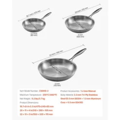 VEVOR Tri-Ply Stainless Steel Frying Pan, 3 Pcs Set (8, 10, 12 In), Cooking Skillet With Heat-Resistant Handle, Silver -Aesthtic Interiors GUEST 8568bc9b 6e14 42d5 90db 33728500ad57