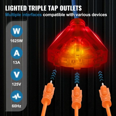 VEVOR Retractable Extension Cord Reel, 50 FT, Heavy Duty 14AWG/3C SJTOW Retractable Power Cord With Lighted Triple Tap Outlet, Black 3 VEVOR Retractable Extension Cord Reel, 50 FT, Heavy Duty 14AWG/3C SJTOW Retractable Power Cord With Lighted Triple Tap Outlet, Black - Image 3