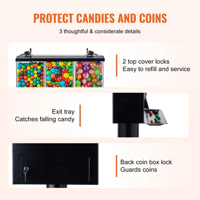 VEVOR Commercial Vending Machine, Triple Compartment Candy Dispenser With Iron Stand, Gumball And Candy Machine For Business, Black 5 VEVOR Commercial Vending Machine, Triple Compartment Candy Dispenser With Iron Stand, Gumball And Candy Machine For Business, Black - Image 5