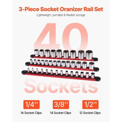 VEVOR Socket Organizer Rail Set, 3PCS Metric & SAE Aluminum Socket Organizers,1/4'', 3/8'' & 1/2'' Heavy-Duty Socket Holder With 360° Rotating Clips 2 VEVOR Socket Organizer Rail Set, 3PCS Metric & SAE Aluminum Socket Organizers,1/4'', 3/8'' & 1/2'' Heavy-Duty Socket Holder With 360° Rotating Clips - Image 2