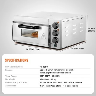 VEVOR Commercial Pizza Oven Countertop, 14" Single Deck Layer, Stainless Steel Electric Pizza Oven With Stone And Handle, Multipurpose Pizza Maker 7 VEVOR Commercial Pizza Oven Countertop, 14" Single Deck Layer, Stainless Steel Electric Pizza Oven With Stone And Handle, Multipurpose Pizza Maker - Image 7