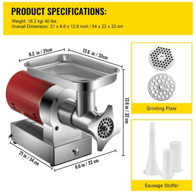 VEVOR Electric Meat Grinder, 661 Lbs/Hour1100 W Meat Grinder Machine, 1.5 HP Electric Meat Mincer With 2 Grinding Plates, Red 7 VEVOR Electric Meat Grinder, 661 Lbs/Hour1100 W Meat Grinder Machine, 1.5 HP Electric Meat Mincer With 2 Grinding Plates, Red - Image 7