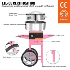 VEVOR Electric Cotton Candy Machine With Cart, 1000W Commercial Floss Maker With Stainless Steel Bowl, Sugar Scoop And Drawer, Pink -Aesthtic Interiors GUEST 8a597a92 65bd 4714 9372 ee4b6800a3b4