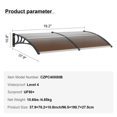 VEVOR Window Door Awning Canopy 80" X 40", UPF 50+ Polycarbonate Entry Door Outdoor Window Awning Exterior, Front Door Overhang Awning 7 VEVOR Window Door Awning Canopy 80" X 40", UPF 50+ Polycarbonate Entry Door Outdoor Window Awning Exterior, Front Door Overhang Awning - Image 7