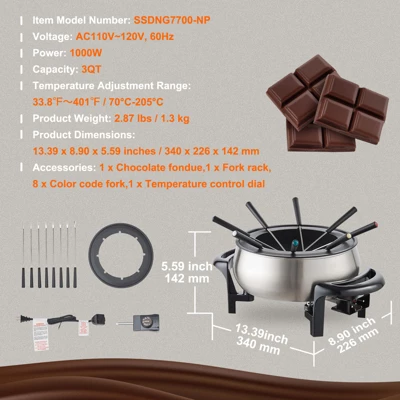 VEVOR Electric Fondue Pot Set For Cheese & Chocolate, 3 Quart Chocolate Melting Warmer, Stainless Steel Fondue Maker With Temperature Control 7 VEVOR Electric Fondue Pot Set For Cheese & Chocolate, 3 Quart Chocolate Melting Warmer, Stainless Steel Fondue Maker With Temperature Control - Image 7