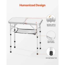 VEVOR Folding Camping Table, Adjustable Height Portable Side Tables, Aluminum MDF Beach Table With Mesh Layer, Carrying Handle, 24x16in, Silver -Aesthtic Interiors GUEST 8d2505b0 d9e4 4adf b945 fdba79b3e02e