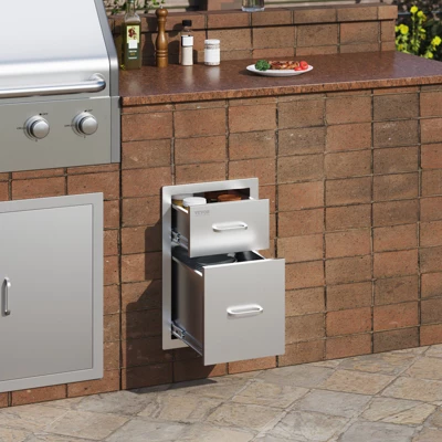 VEVOR Outdoor Kitchen Drawers 13" W X 20.4" H X 20.8" D, Flush Mount Double BBQ Access Drawers With Stainless Steel Handle, Silver 1 VEVOR Outdoor Kitchen Drawers 13" W X 20.4" H X 20.8" D, Flush Mount Double BBQ Access Drawers With Stainless Steel Handle, Silver