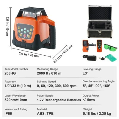 VEVOR Laser Level, 2000ft, 360 Degree Self Leveling Green Cross Line Laser, 5 Rotation Speeds & 4 Scanning Angles Adjustment 7 VEVOR Laser Level, 2000ft, 360 Degree Self Leveling Green Cross Line Laser, 5 Rotation Speeds & 4 Scanning Angles Adjustment - Image 7