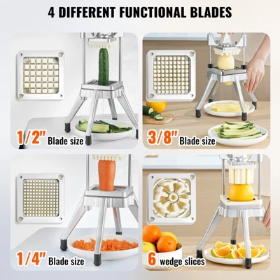 VEVOR Commercial Vegetable Fruit Chopper, Stainless Steel French Fry Cutter With 4 Blades 1/4" 3/8" 1/2", 6-wedge Slicer, Chopper Dicer With Tray 3 VEVOR Commercial Vegetable Fruit Chopper, Stainless Steel French Fry Cutter With 4 Blades 1/4" 3/8" 1/2", 6-wedge Slicer, Chopper Dicer With Tray - Image 3