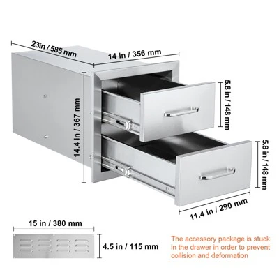 VEVOR Outdoor Kitchen Drawers 14W X 14.3H X 23D Inch, Flush Mount Double BBQ Drawers Stainless Steel With Handle, BBQ Island Drawers,Silver 7 VEVOR Outdoor Kitchen Drawers 14W X 14.3H X 23D Inch, Flush Mount Double BBQ Drawers Stainless Steel With Handle, BBQ Island Drawers,Silver - Image 7
