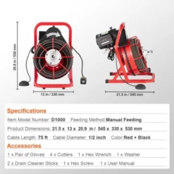 VEVOR Drain Cleaner Machine 75FT X 1/2 Inch, Sewer Snake Auger Manual Feed, 370W Electric Drain Cleaning Machine, Red -Aesthtic Interiors GUEST 903f43c1 f61e 46d4 95a3 4da05d1120d3