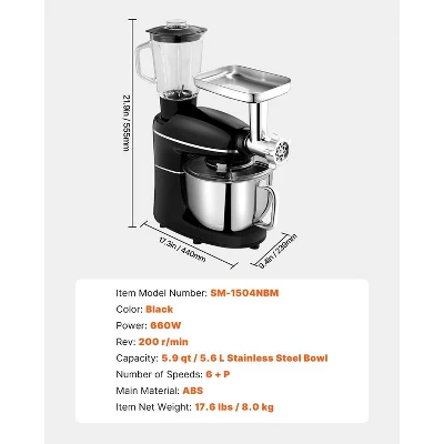 VEVOR 3-in-1 Multifunctional Stand Mixer, 6QT Stainless Steel Bowl, 660W 6+P Speeds Tilt-head Food Mixer, Black 7 VEVOR 3-in-1 Multifunctional Stand Mixer, 6QT Stainless Steel Bowl, 660W 6+P Speeds Tilt-head Food Mixer, Black - Image 7