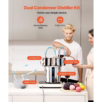 VEVOR Alcohol Still, 3 Gal / 11.4 L Stainless Steel Water Alcohol Distiller With Copper Coil For Fast Cooling, Dual Condenser Distiller Kit, Silver 2 VEVOR Alcohol Still, 3 Gal / 11.4 L Stainless Steel Water Alcohol Distiller With Copper Coil For Fast Cooling, Dual Condenser Distiller Kit, Silver - Image 2